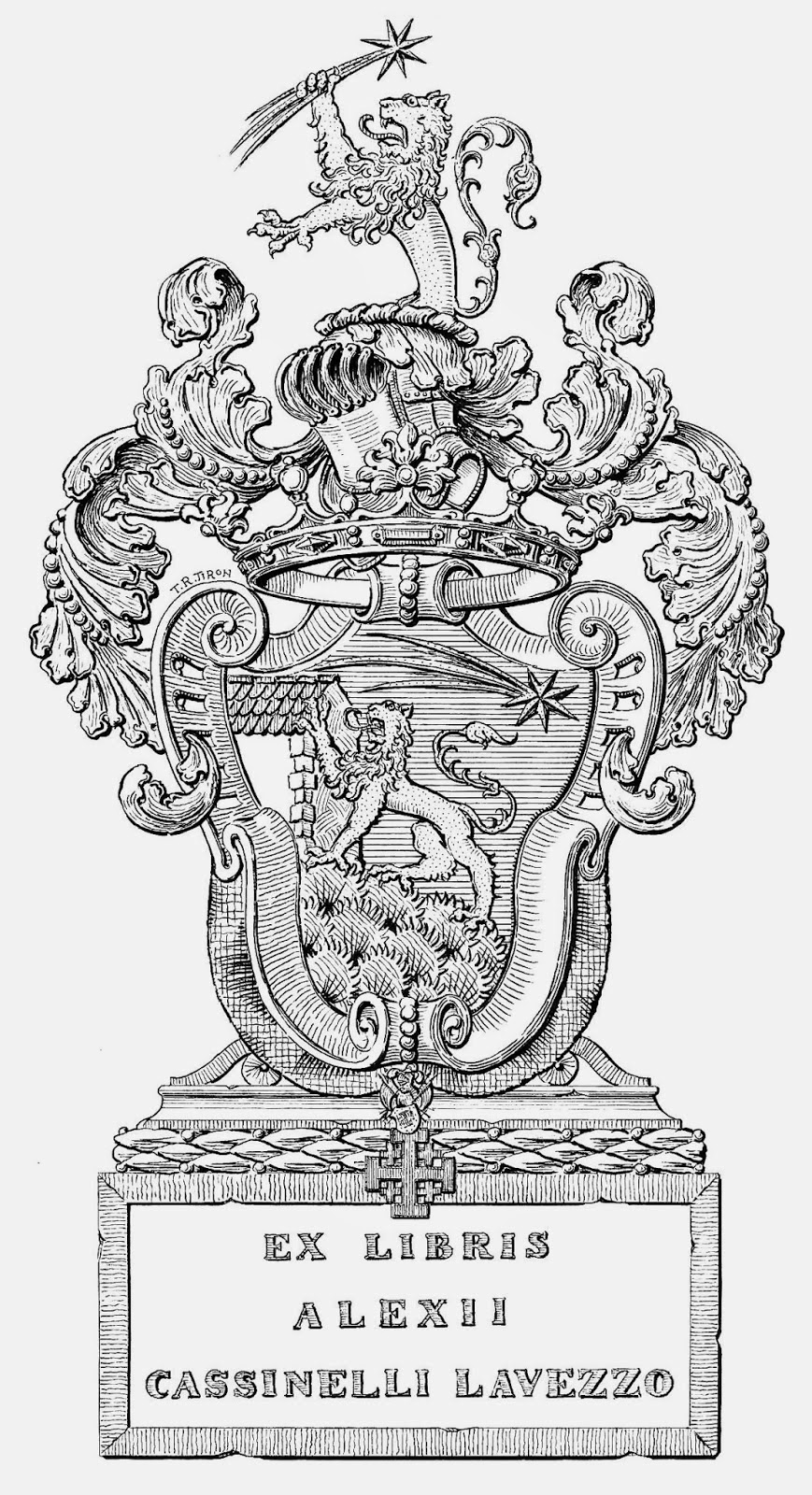 Heraldic bookplate of Professor Alessio Cassinelli Lavezzo - artist Tudor-Radu TIRON