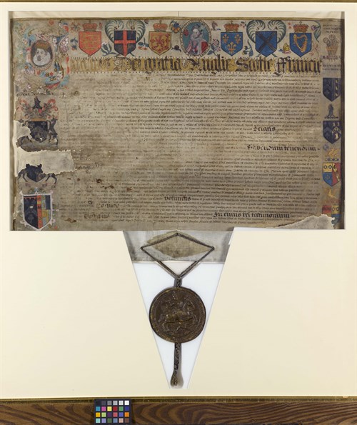 This vellum patent of peerage, now almost 400 years old, marks the elevation in 1622 of Sir Adam Loftus (1568-1643), Baronet, to the rank of Viscount Loftus of Ely by King James I.